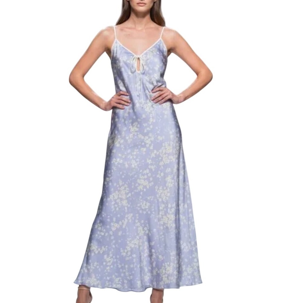 NWT‎ RUMORED Daytona Maxi Satin Slip Dress in Babys Breath- Floral Tie Front L